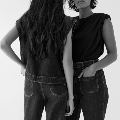 black & white photo of two women wearing ba&sh denim